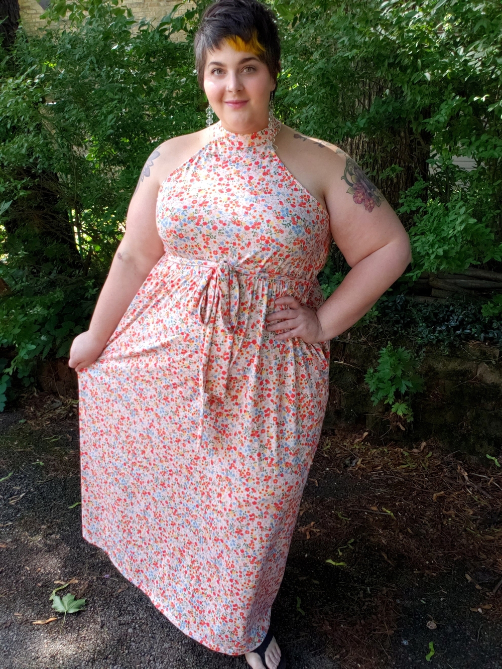 Halter Tie-Waist Maxi Dress in Coral Floral